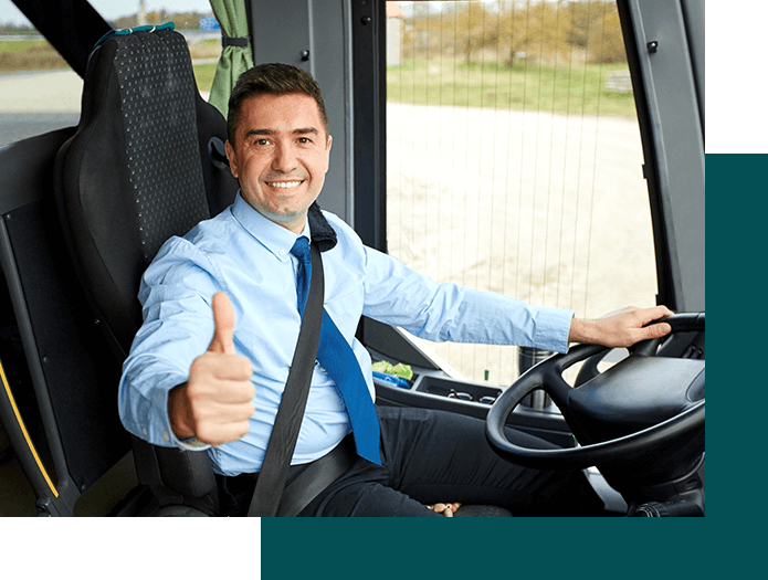 Happy Driver Driving Bus and Showing Thumbs Up